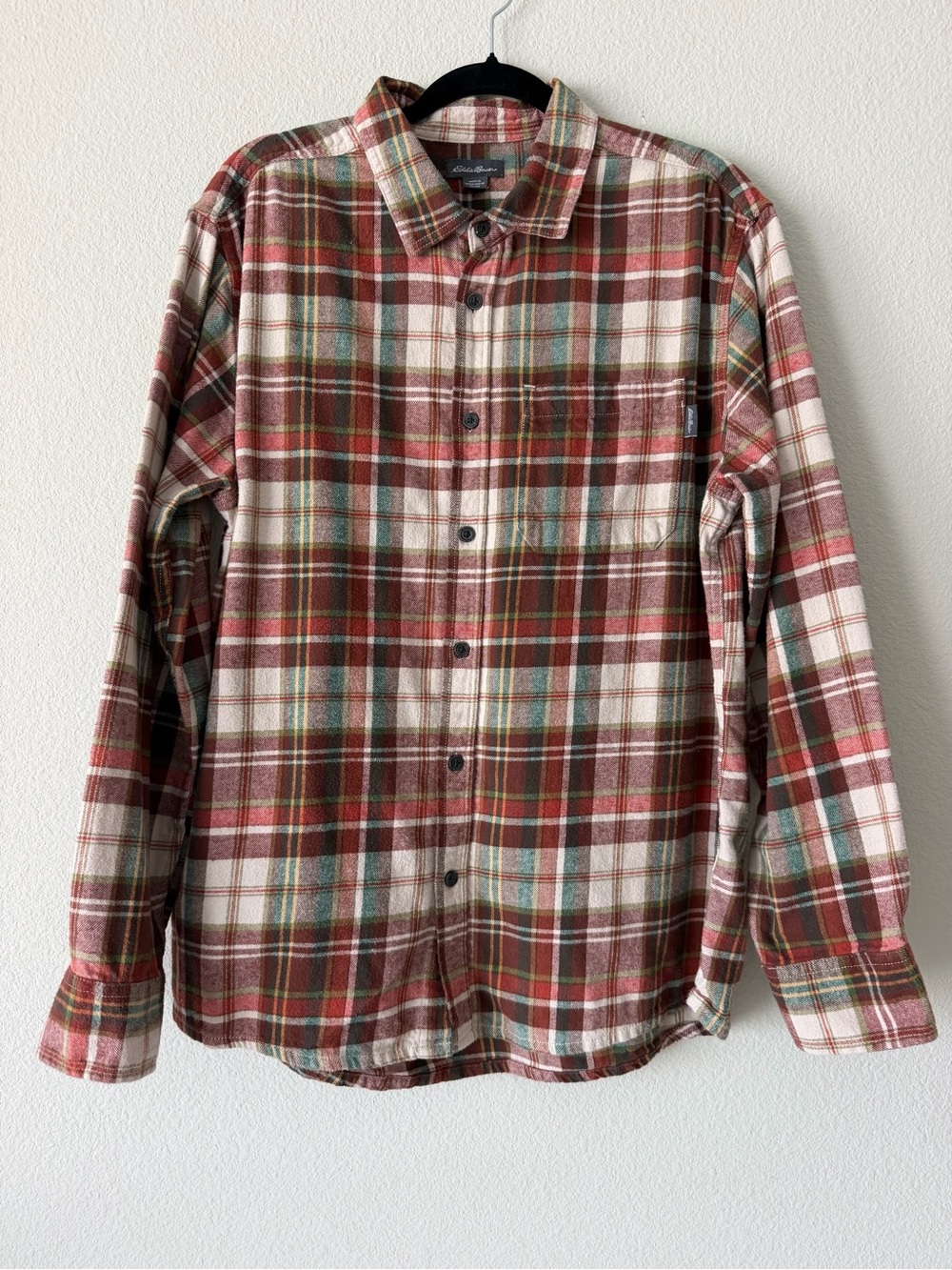 Eddie Bauer Men's Flannel Shirt Plaid Red Brown Long Sleeve Size XL Cozy Fall